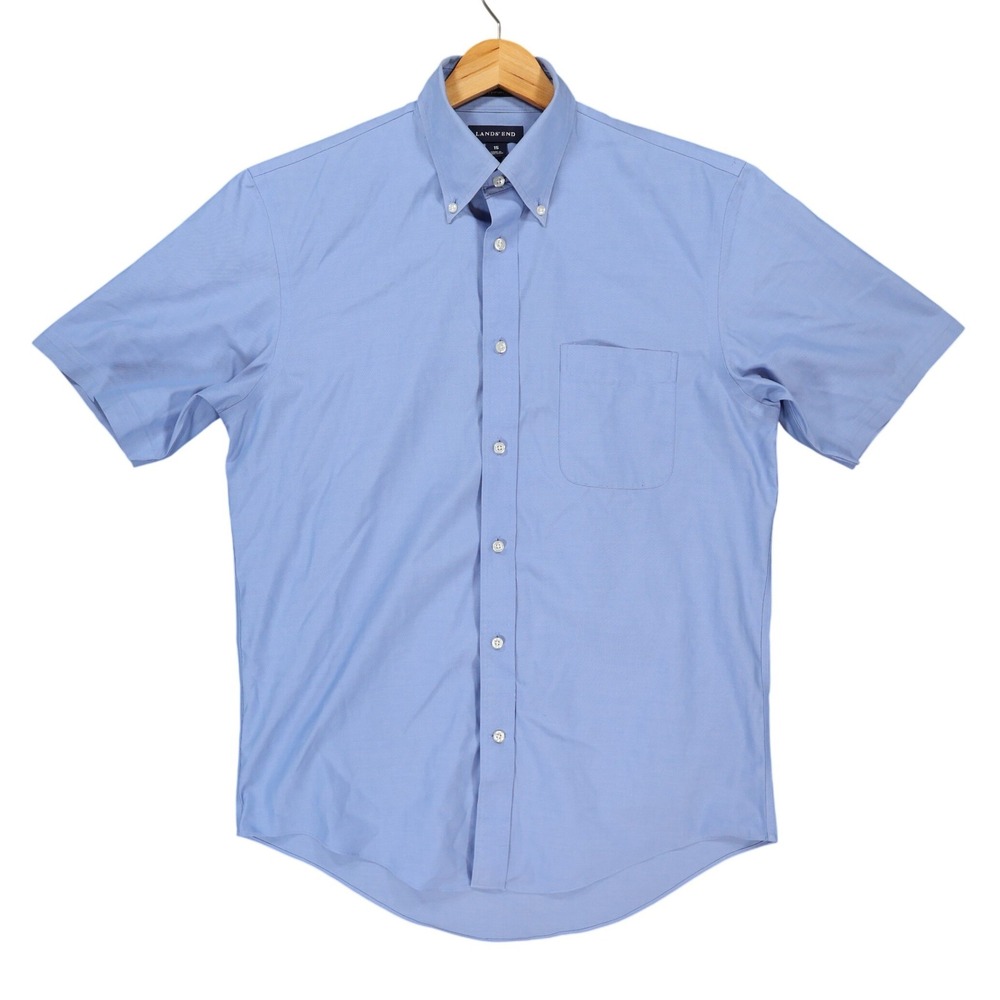 Lands' End Button Down Shirt Mens 15 Blue Cotton No Iron Pinpoint Oxford Regular